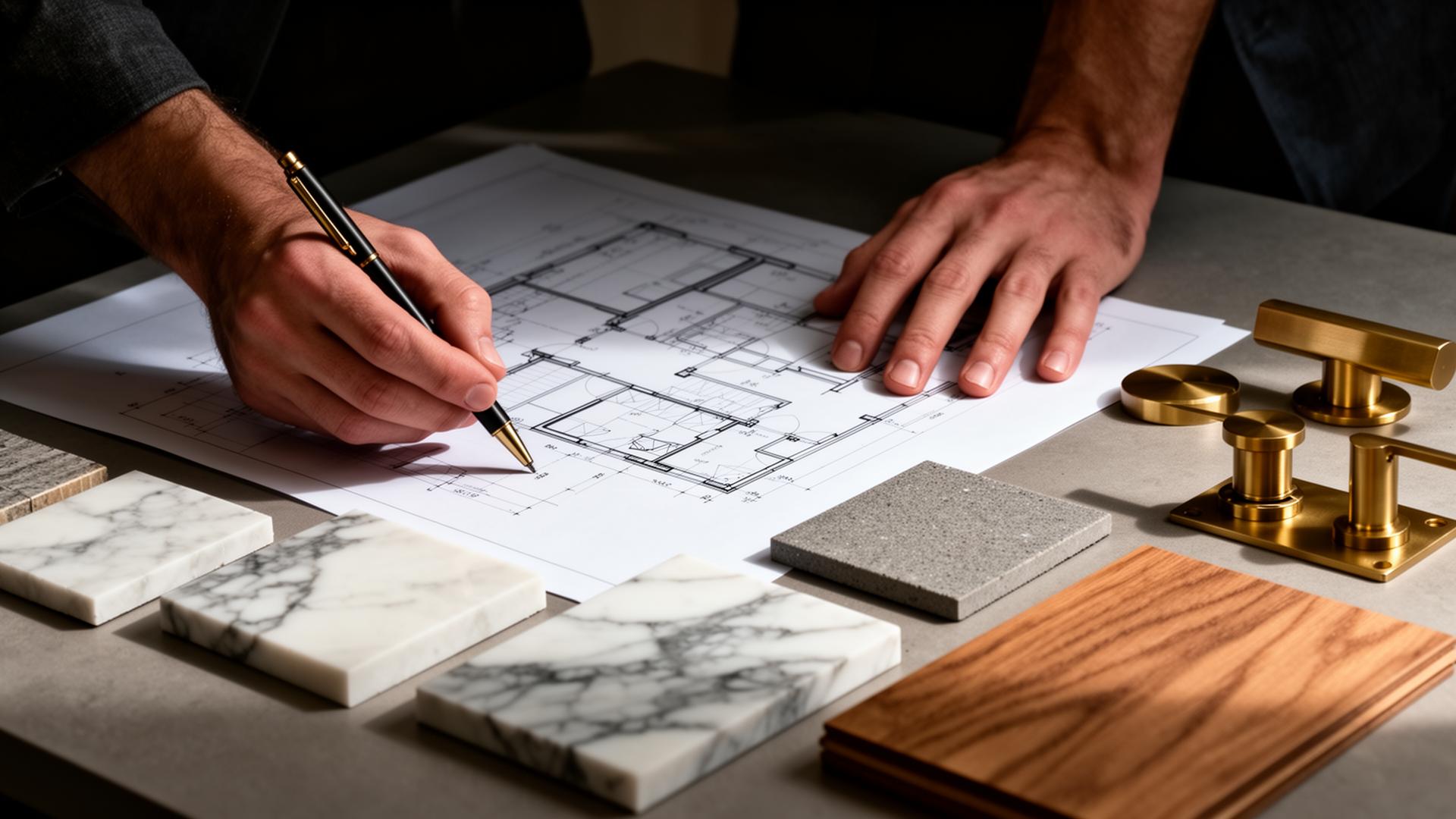 Plans, marble samples and brass fittings being reviewed